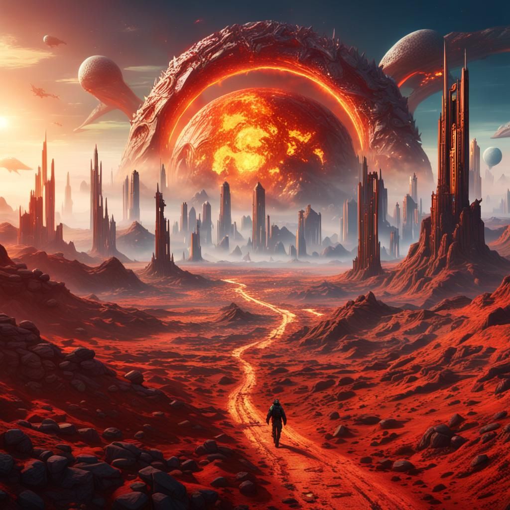 Fiery Portal on Alien Planet with Dragons