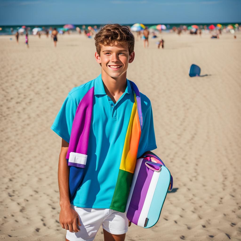 A beautiful young gay teen in his beach gear