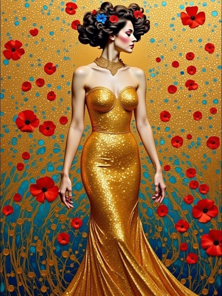 Golden Woman's Ecstatic Dance: Klimt-Inspired Symbolism