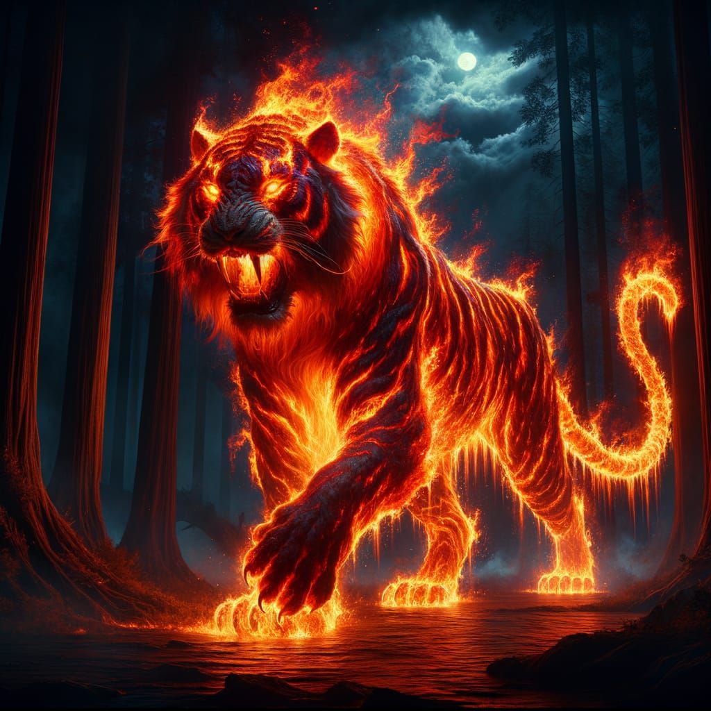 Molten Lava Tiger Emanating Heat in Dark Forest