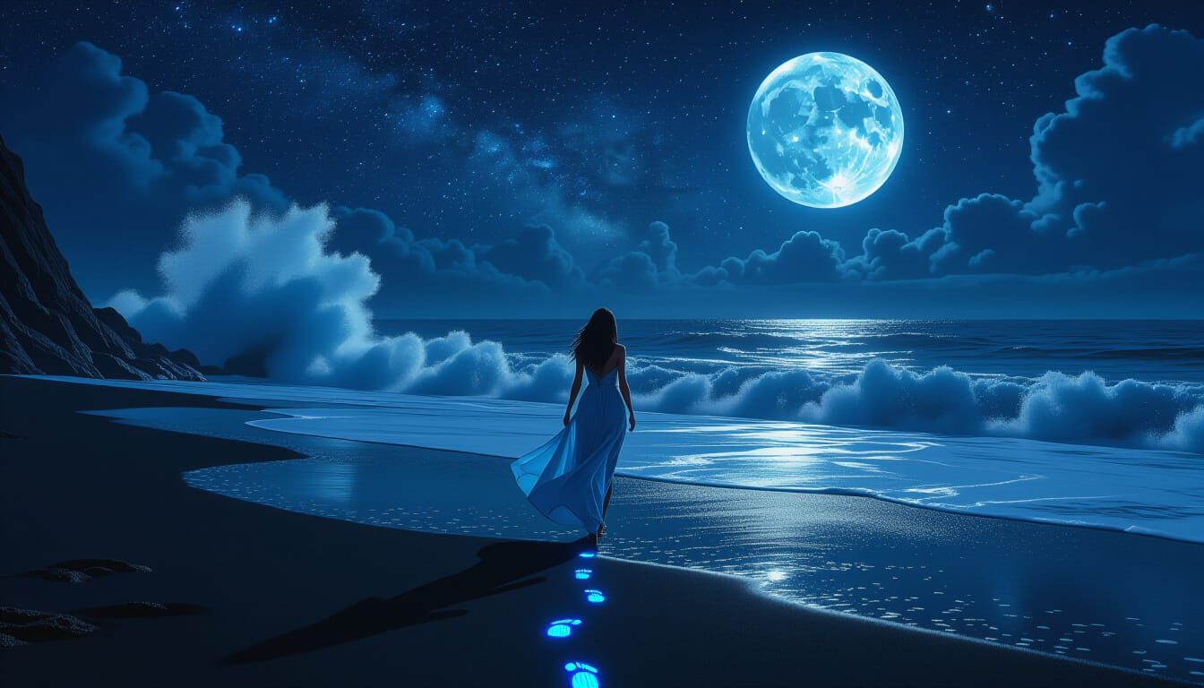 Bioluminescent Cyberpunk Beach at Night