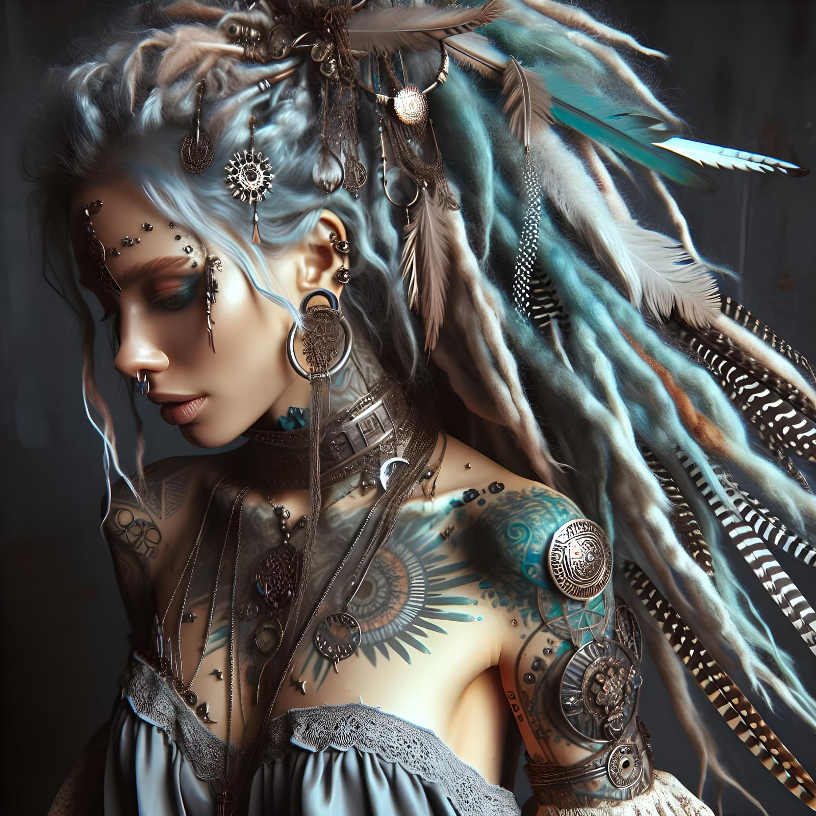 Modern Shaman in Silk with Blue Hair