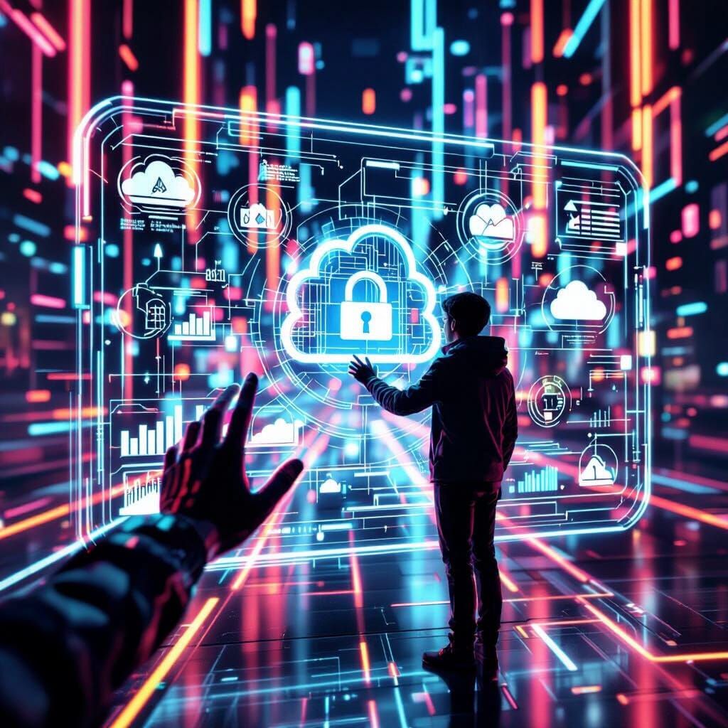 Futuristic Holographic Interface with AI and Blockchain Icon...