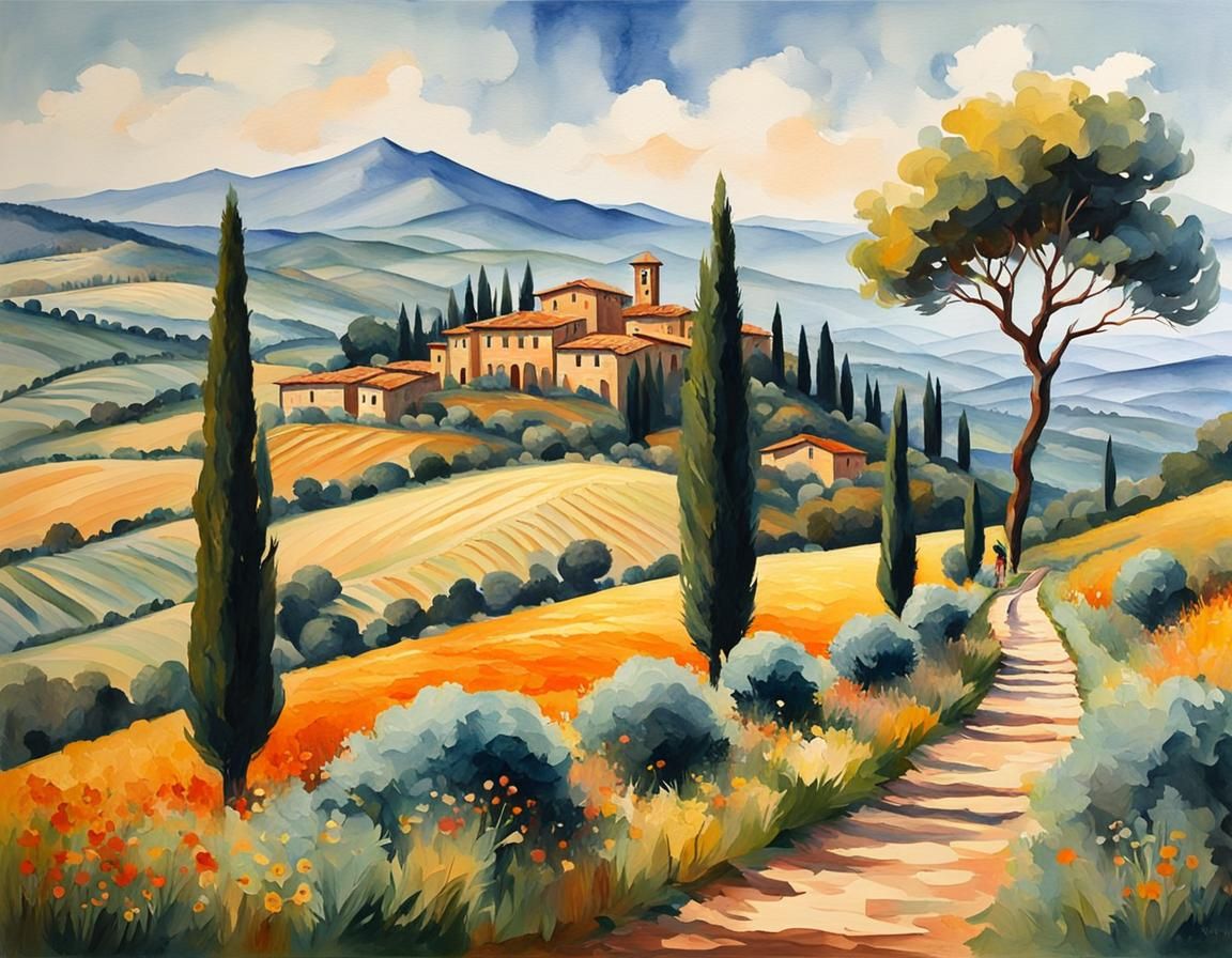 Alpha Romeo in Tuscan Landscape as Gouache Painting