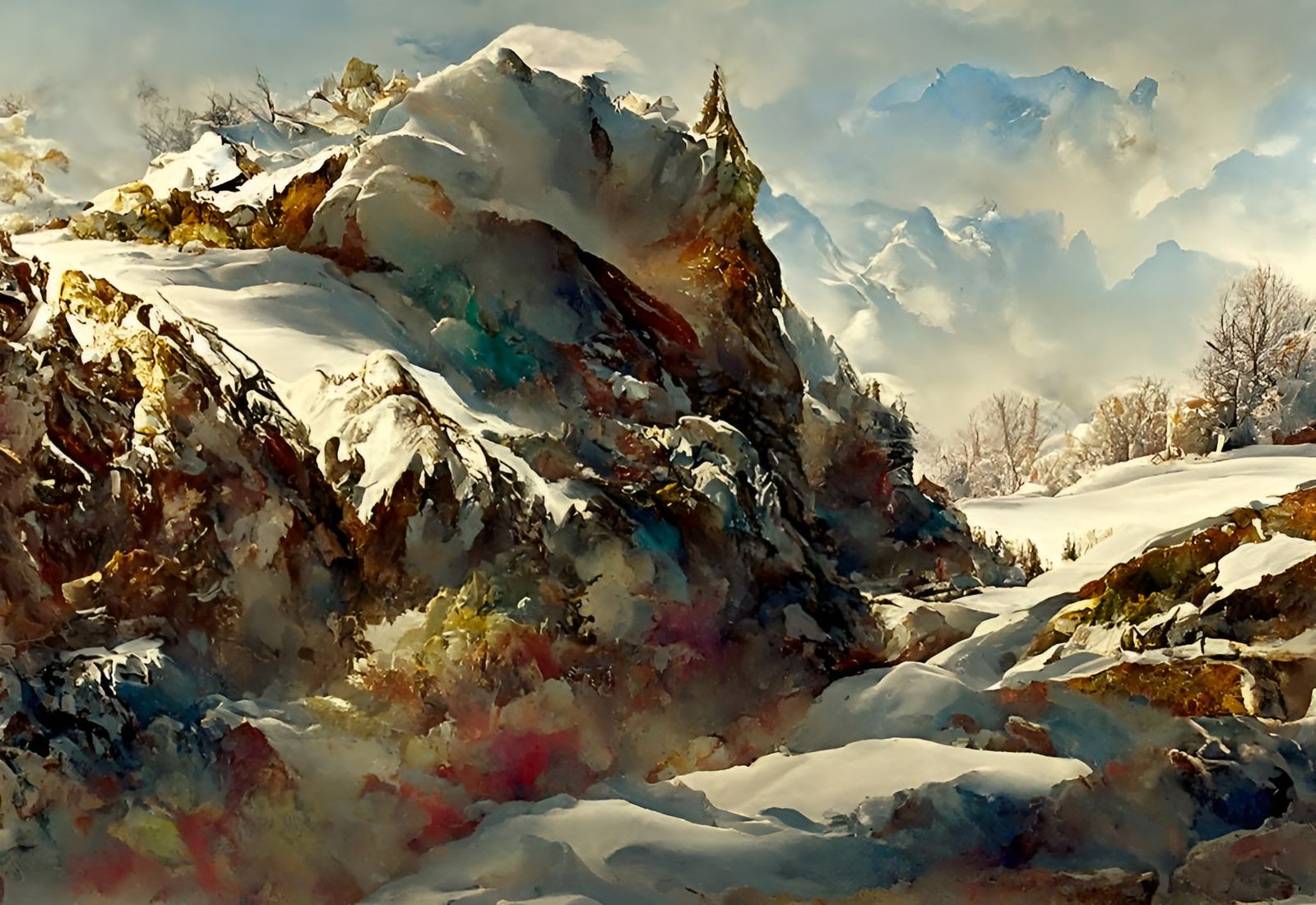 Snowy Mountainscape Painting in Watercolor Style