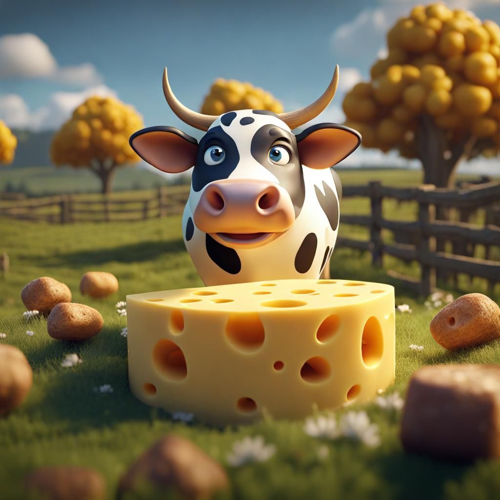 Cartoon Cheese Cow in Cheese Farmland