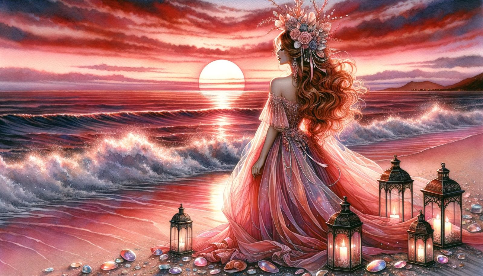 Auburn Haired Woman at Sunset in Watercolor Style