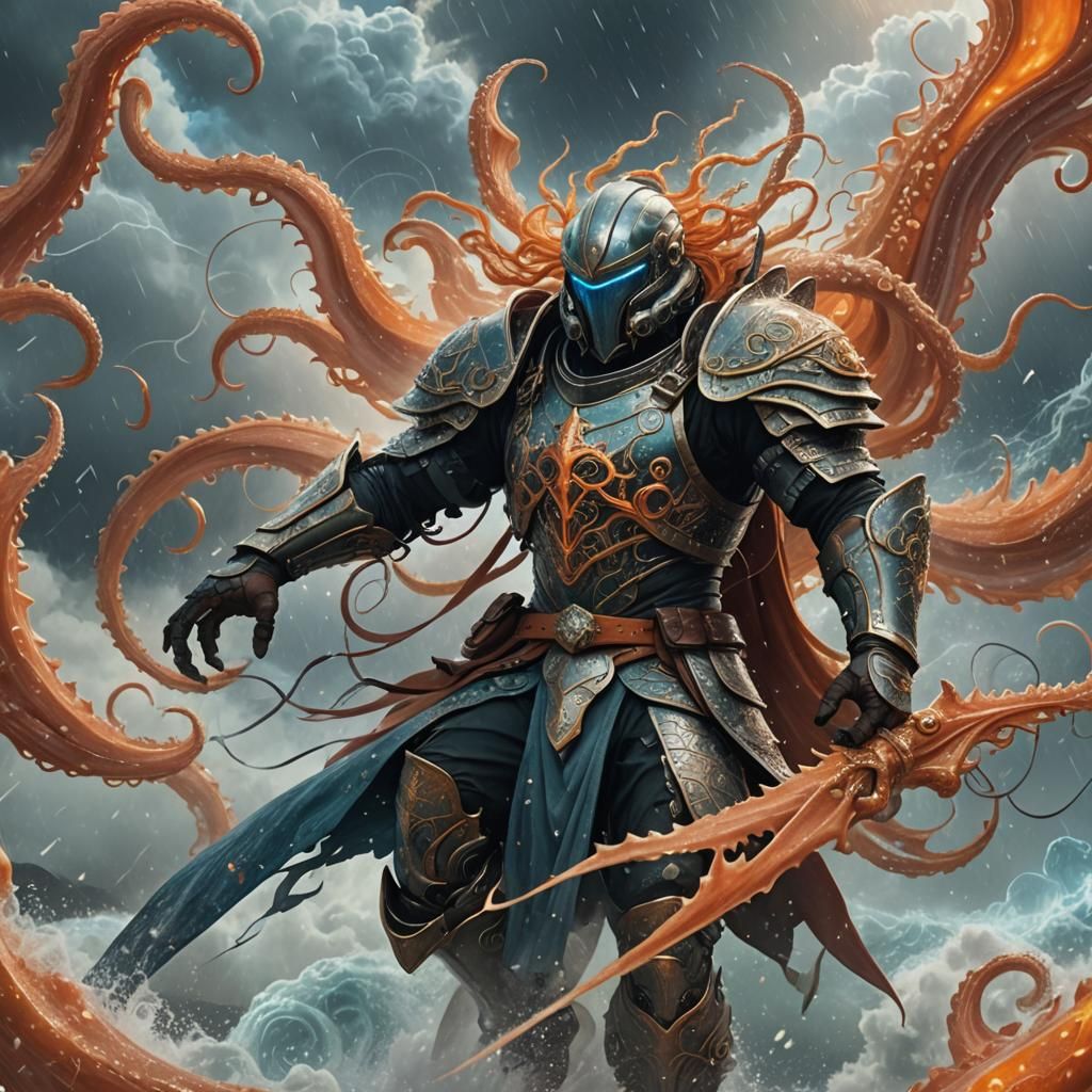 Armored Warrior Astride Flying Squid in Fantasy Storm
