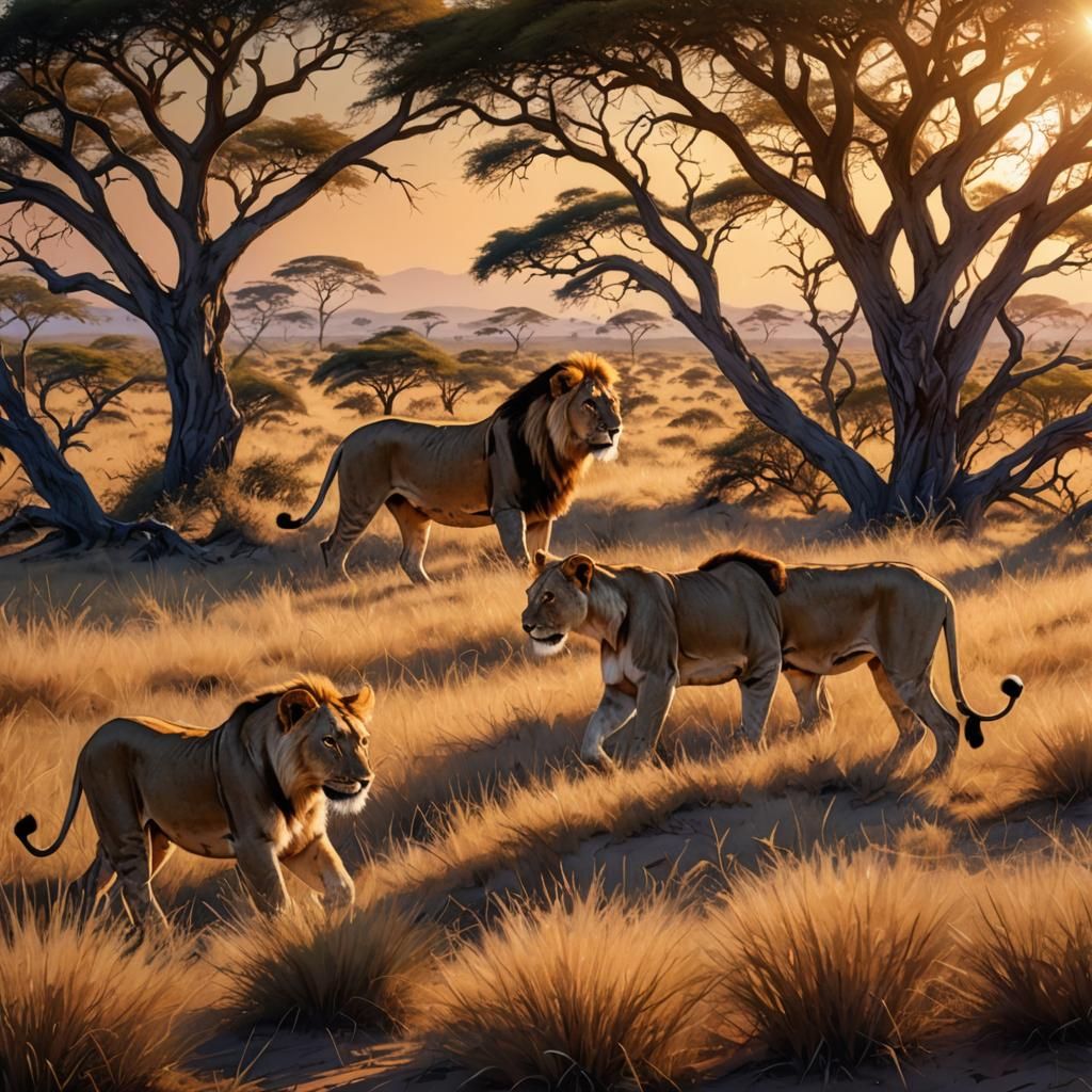 Savanna Lions in Golden Light: Digital Art