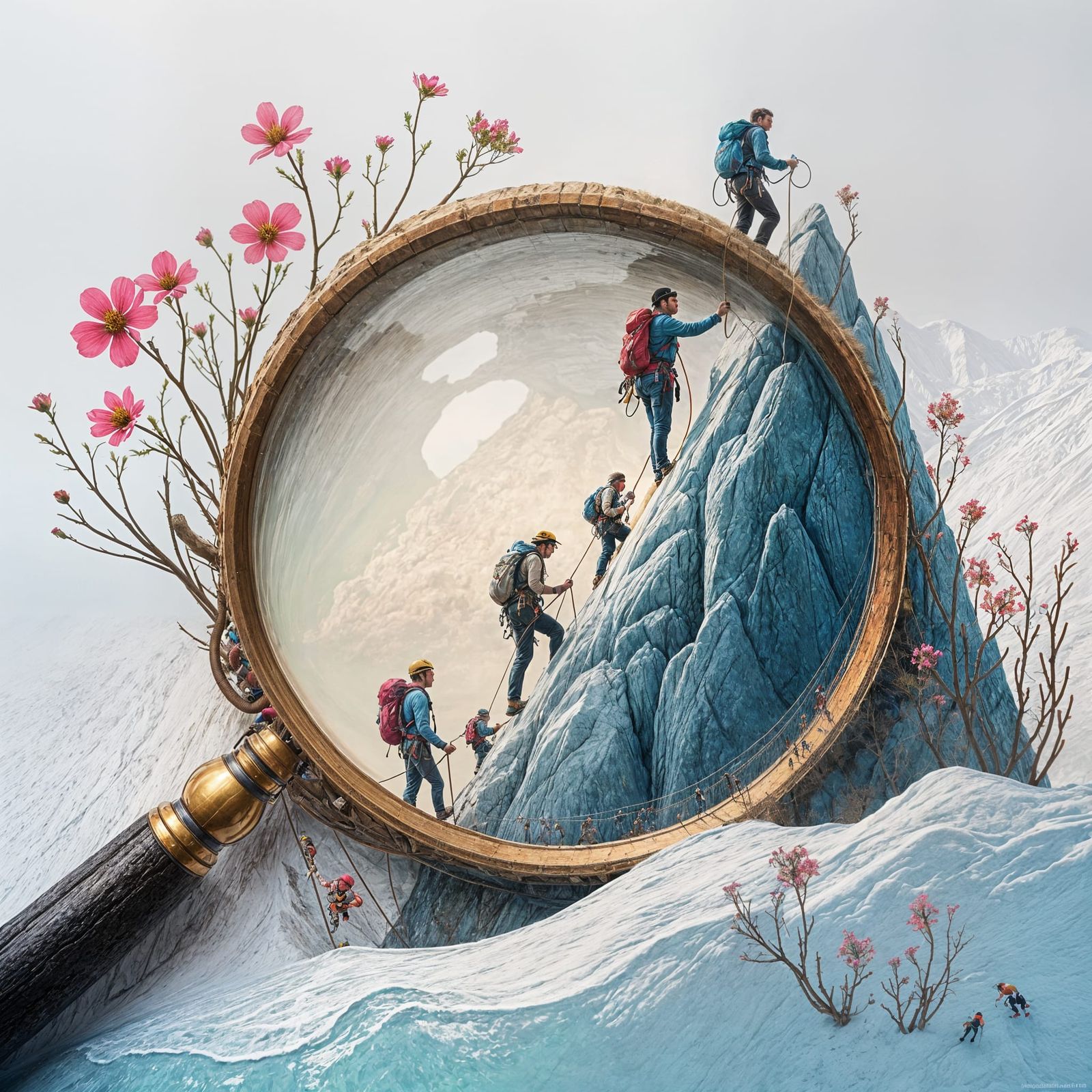 Miniature Mountain Climbers Under Glass