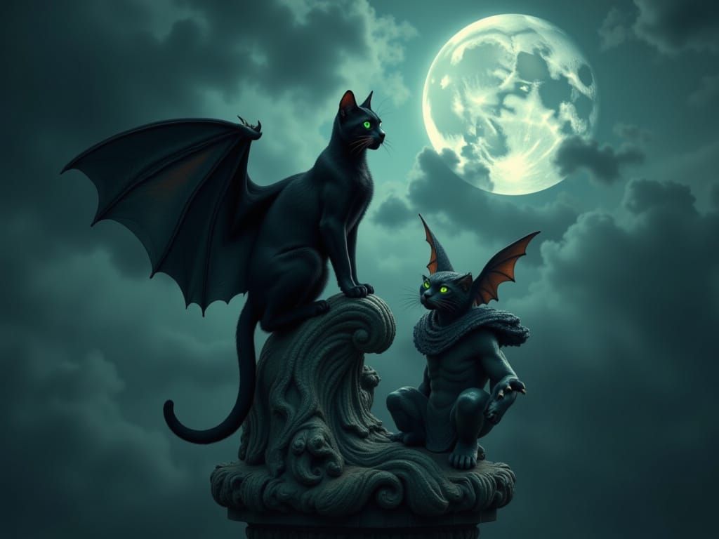 Mysterious Black Cat and Bat on Gargoyle Under Full Moon