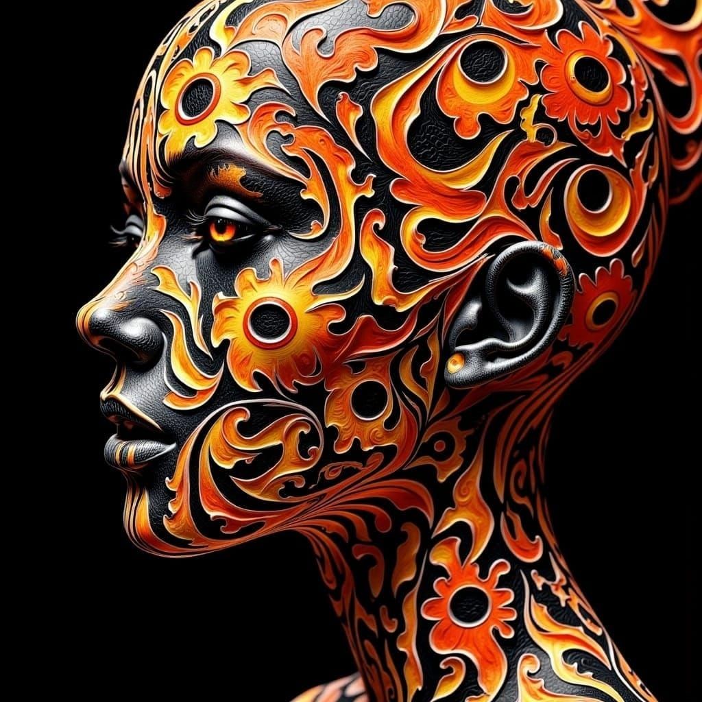 Vibrant Humanoid Face in Fractal Swirls with Orange and Blac...