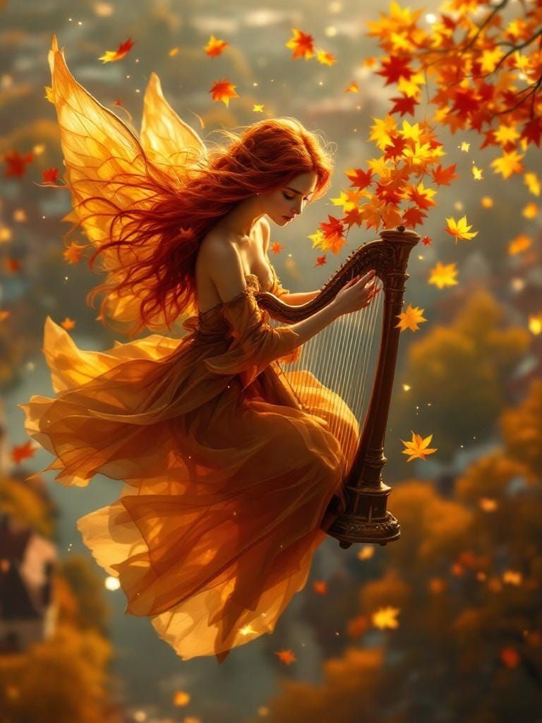 Magical Fairy Harpist Summons Autumn in Prague