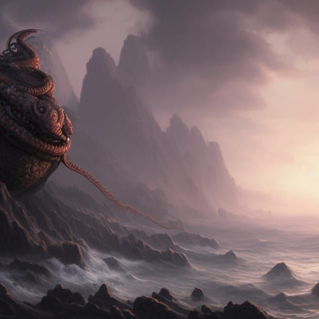 Kraken Lifts Ship: Fantasy Concept Art