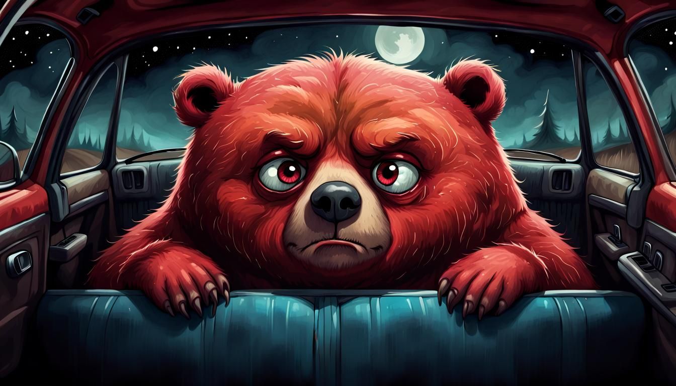 A Grumpy Bear's Restless Slumber in a Storybook Car