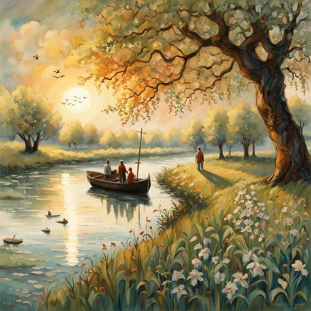 Serene Dutch Countryside Scene with River and Whimsical Coup...