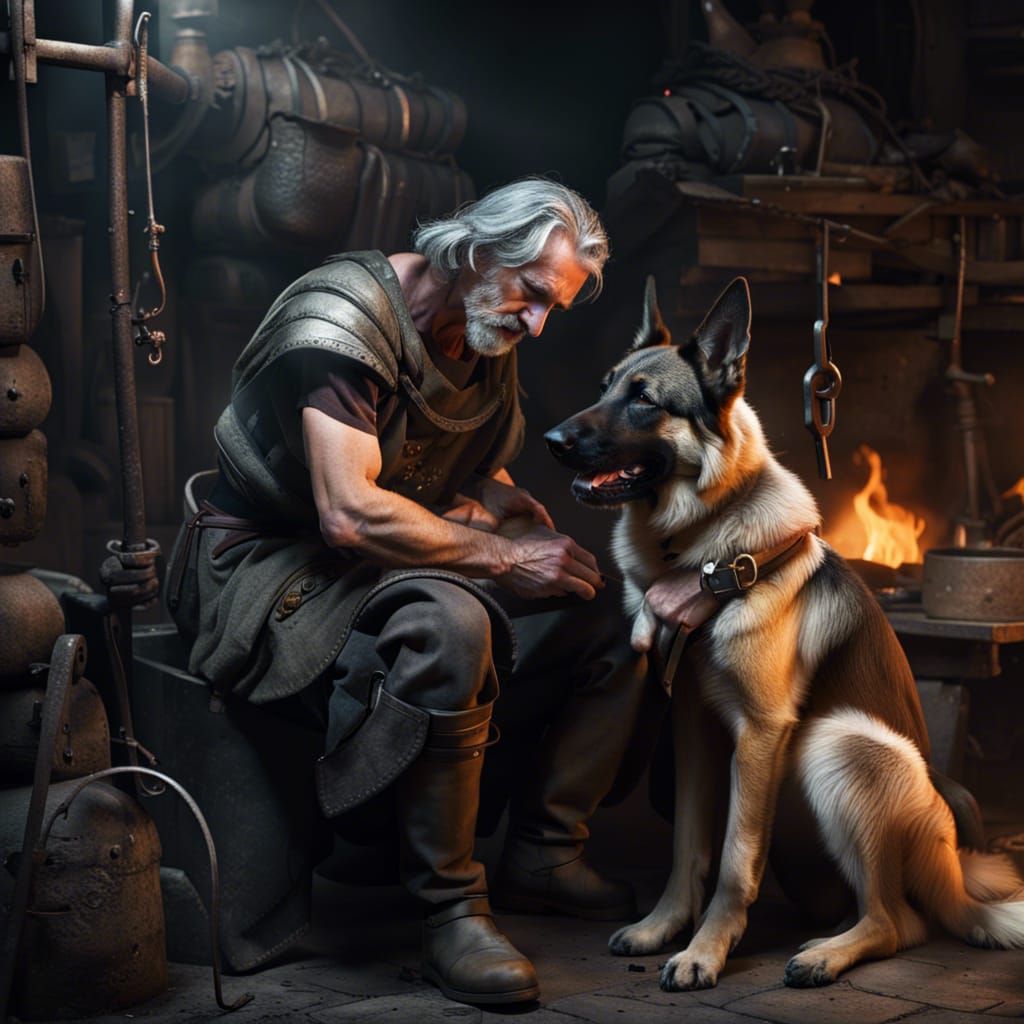 Medieval Blacksmith and Dog in Ethereal Fantasy