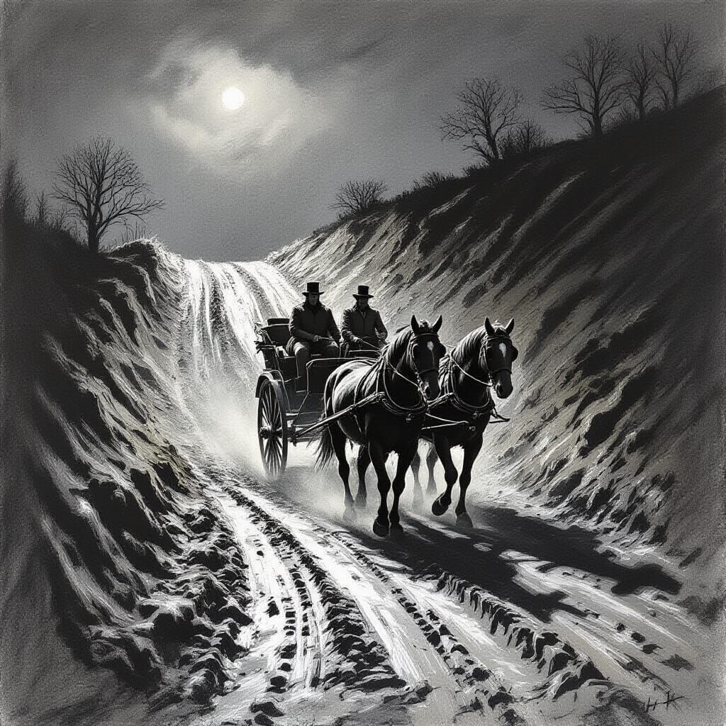 Horse Drawn Carriage Ascends Muddy Hill in 1775 Britain Nigh...