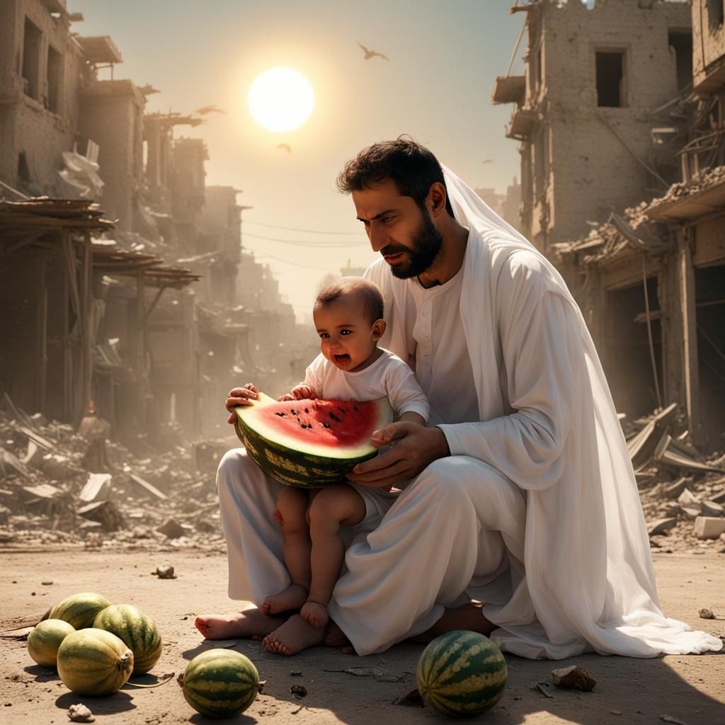 Angelic Father and Child Amidst War's Ruins