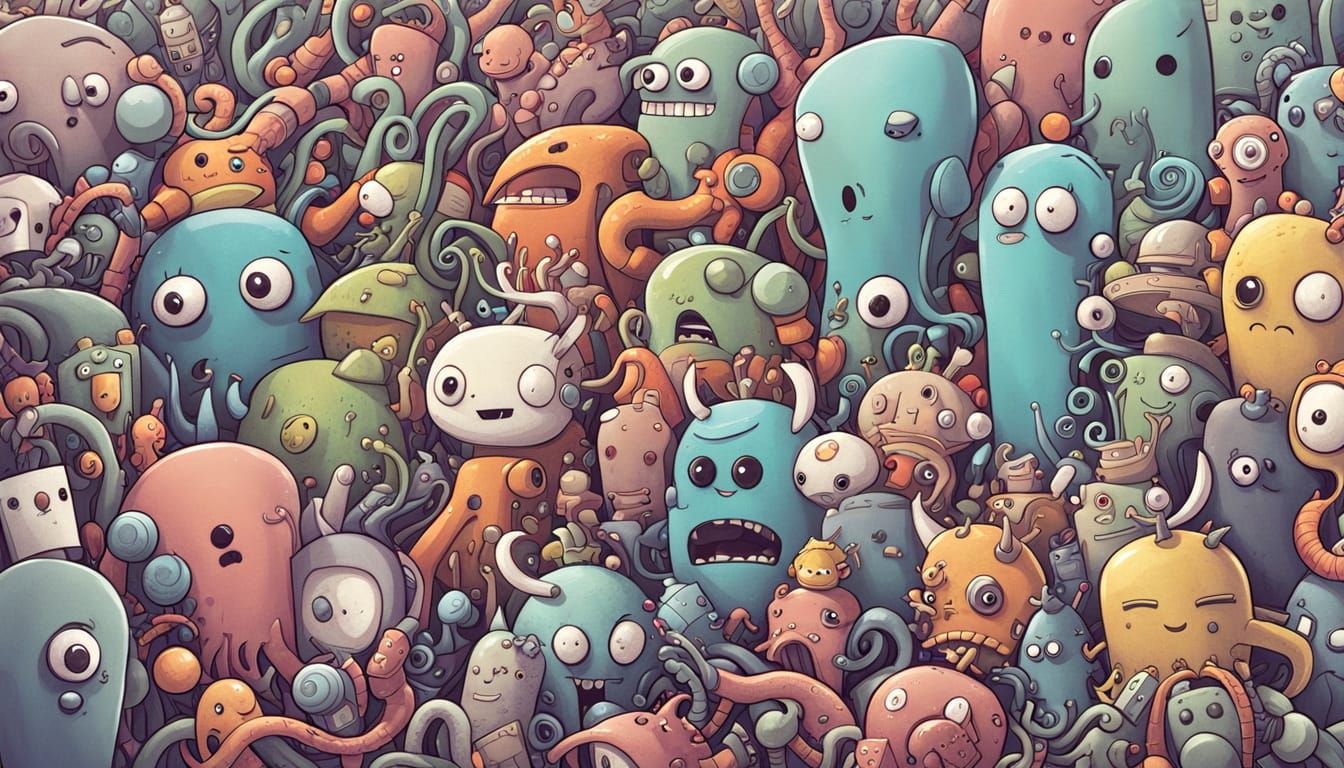 Surreal Cartoon Character Gathering in Muted Colors