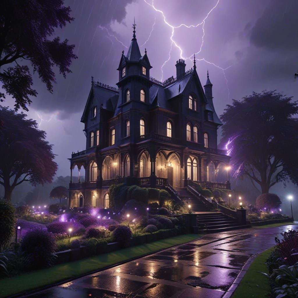 Gothic Mansion on Hill During Lightning Storm