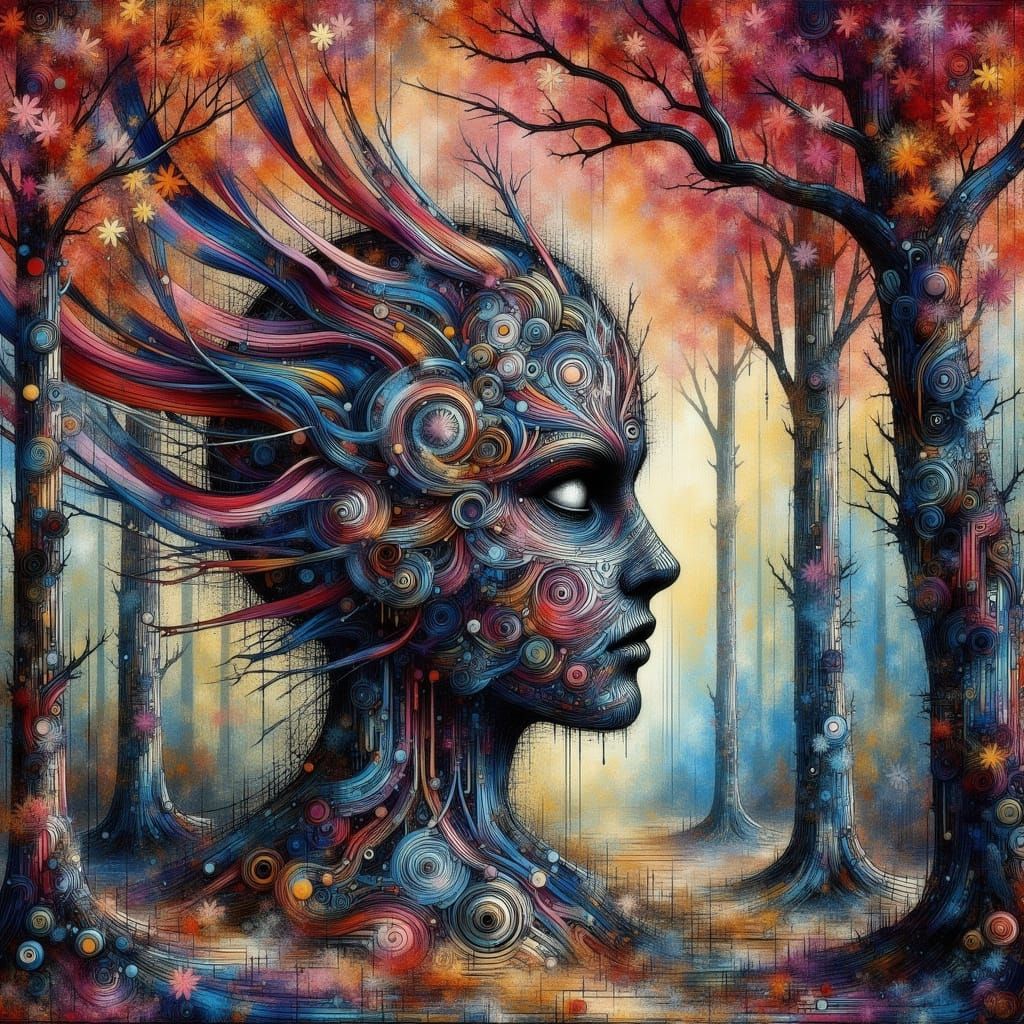 Surreal Autumn Face with Neon Glow and Eerie Atmosphere