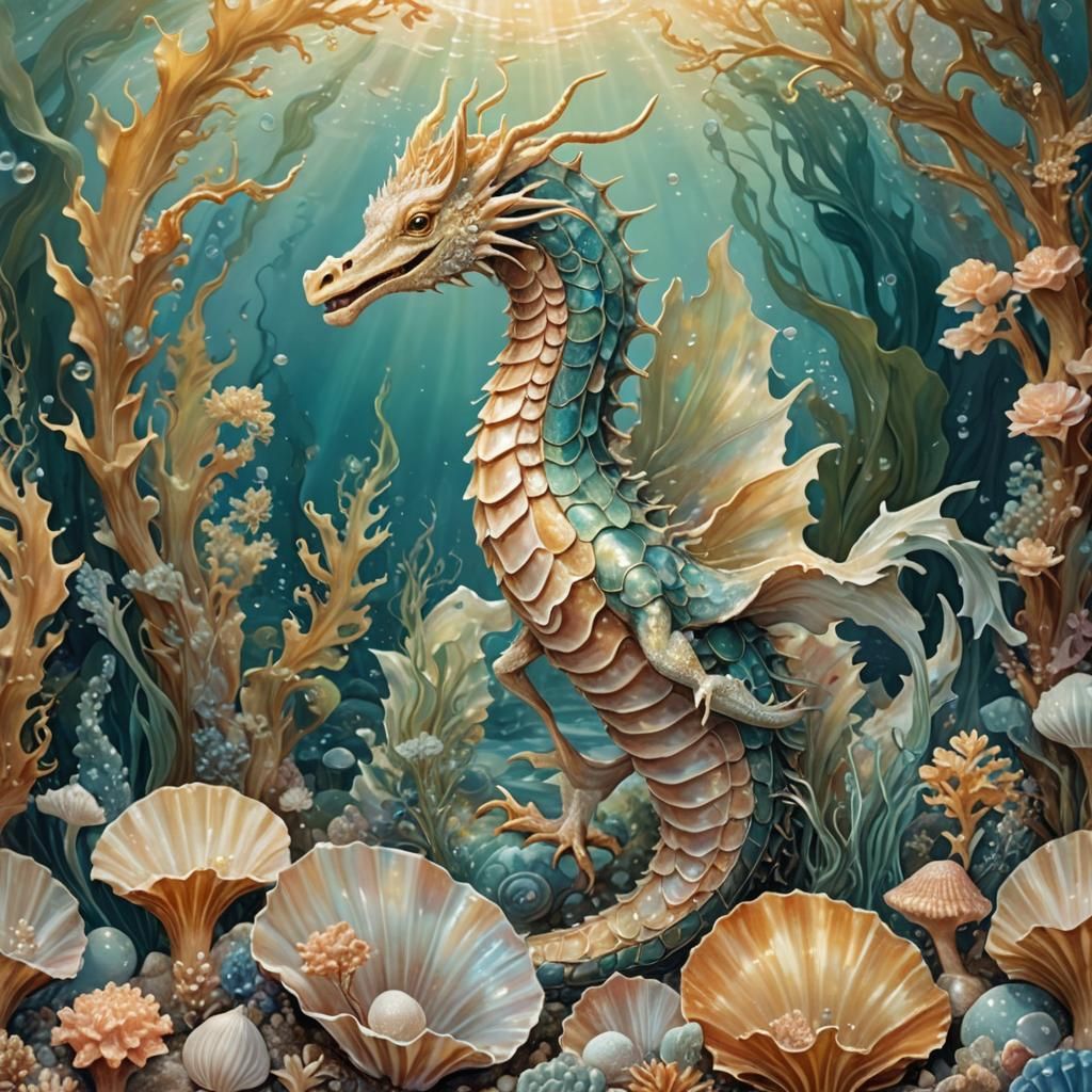 Seadragon in Mermaid Garden, Renaissance Illustration