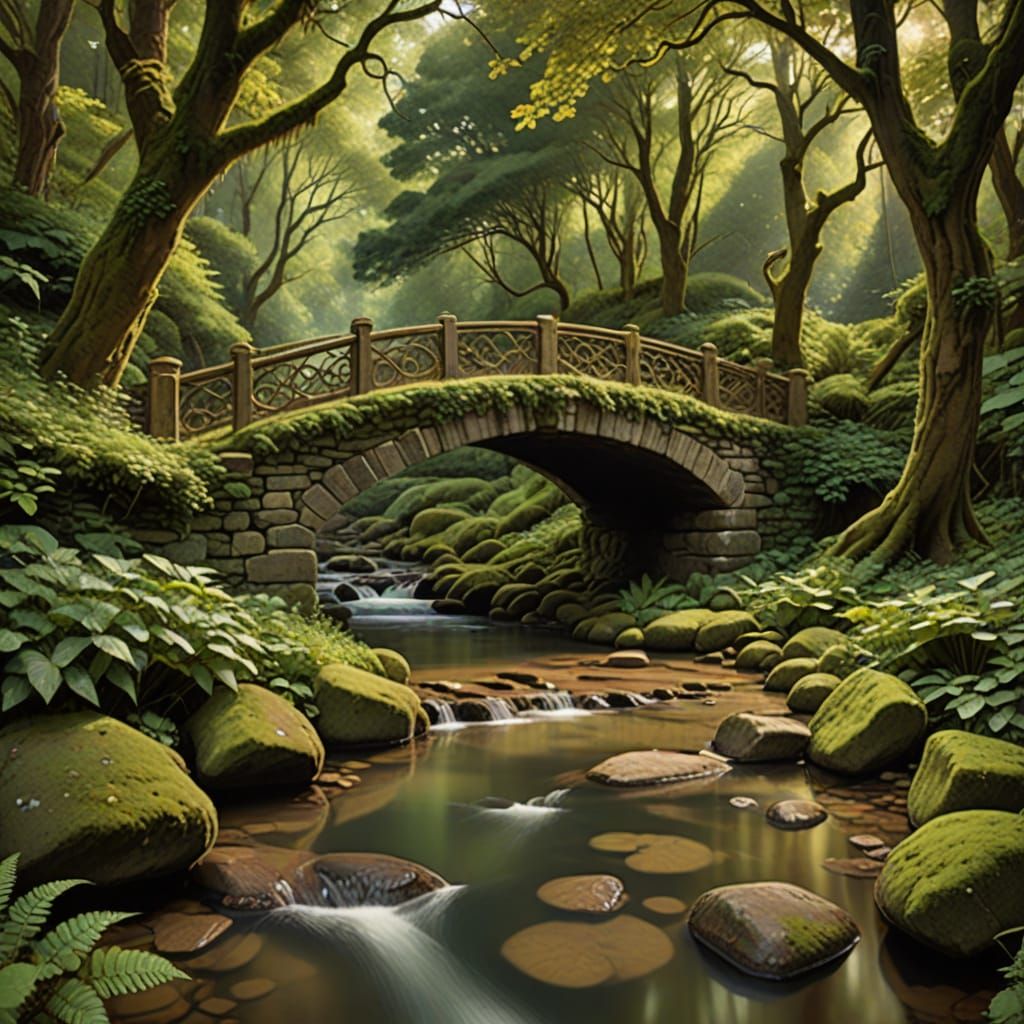 Enchanted Bridge in a Verdant Forest, Pre-Raphaelite Style
