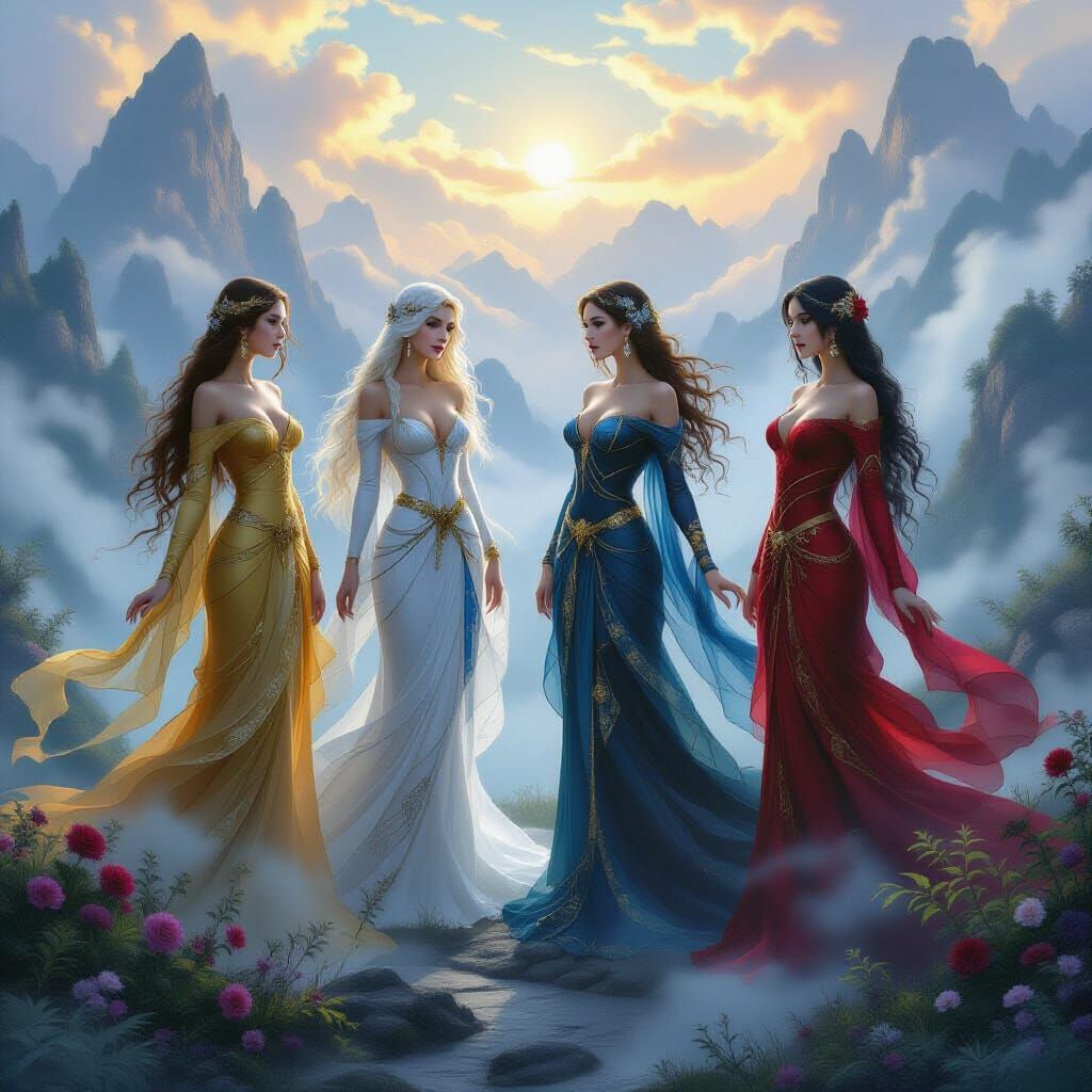 Four Ethereal Goddesses in Misty Fantasy Landscape