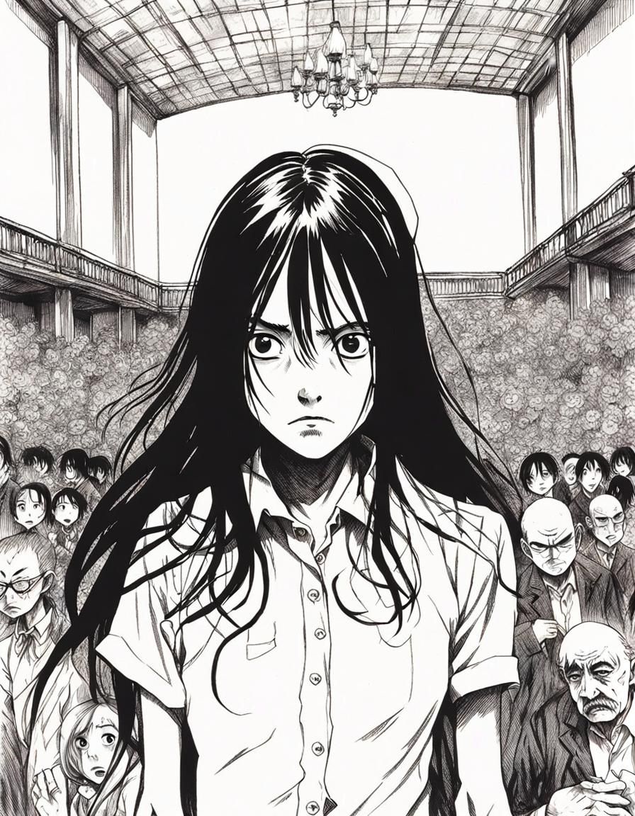 Terrified Girl in Ruined Hall: Manga Horror Portrait