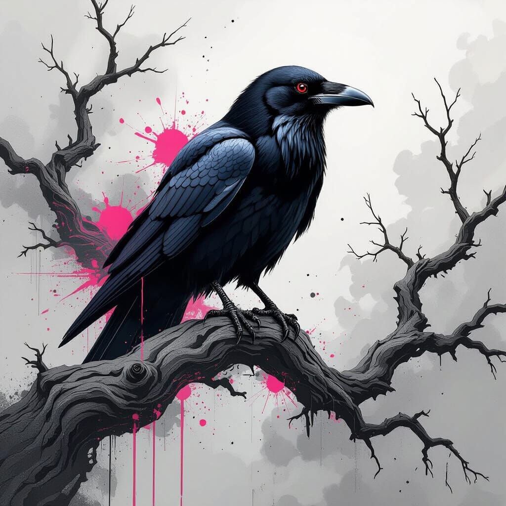 Raven on Branch: Abstract Mixed-Media Illustration