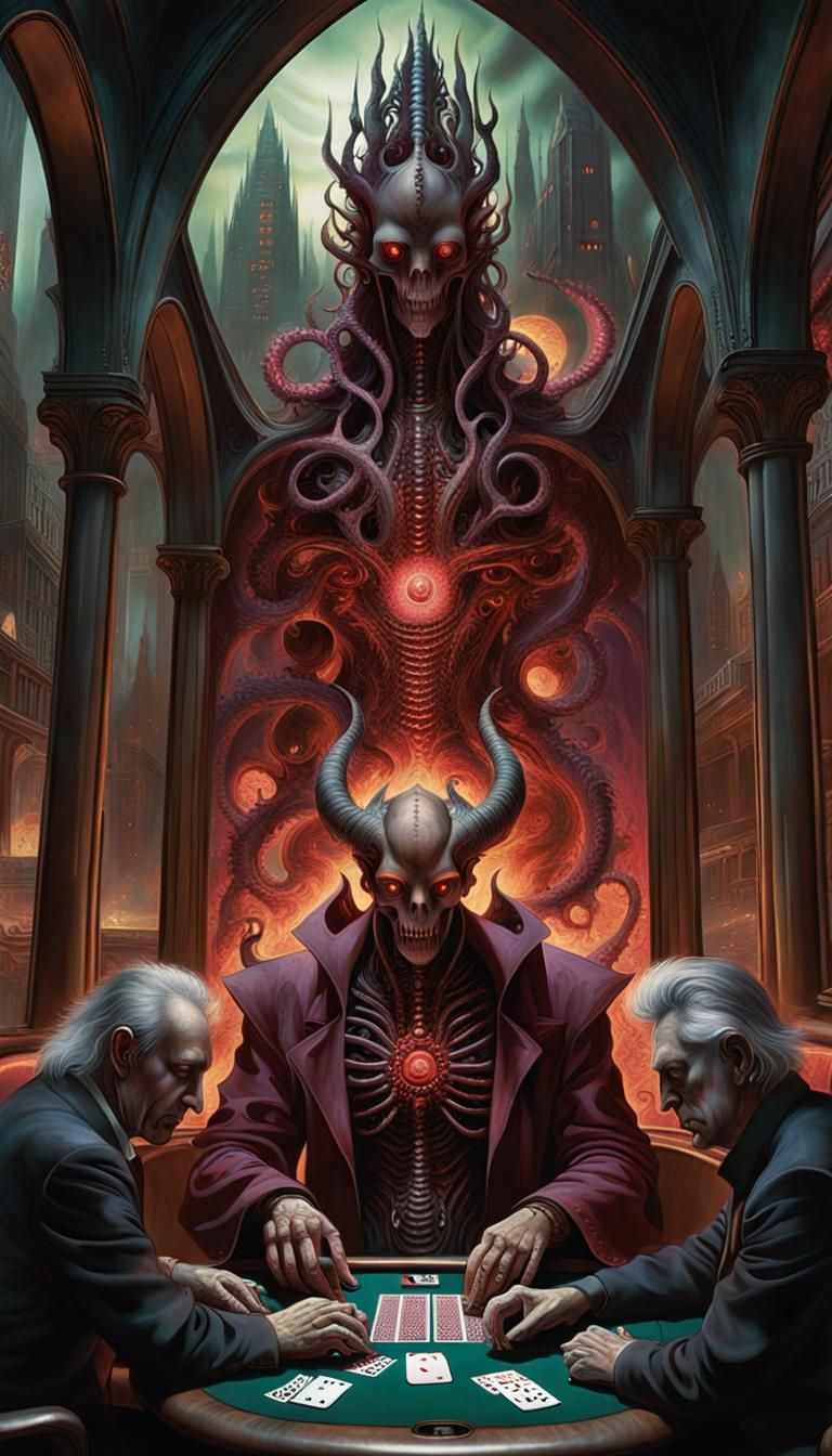 Cards of poker this game is evil and the hand shown Satan three 6's crimson. 
8k resolution hypermodernism, underground ...