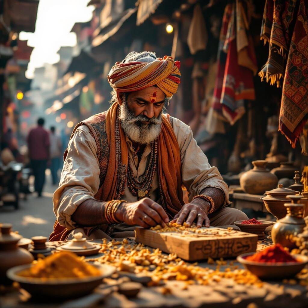Indian Craftsman Carving Sandalwood in Bustling Market