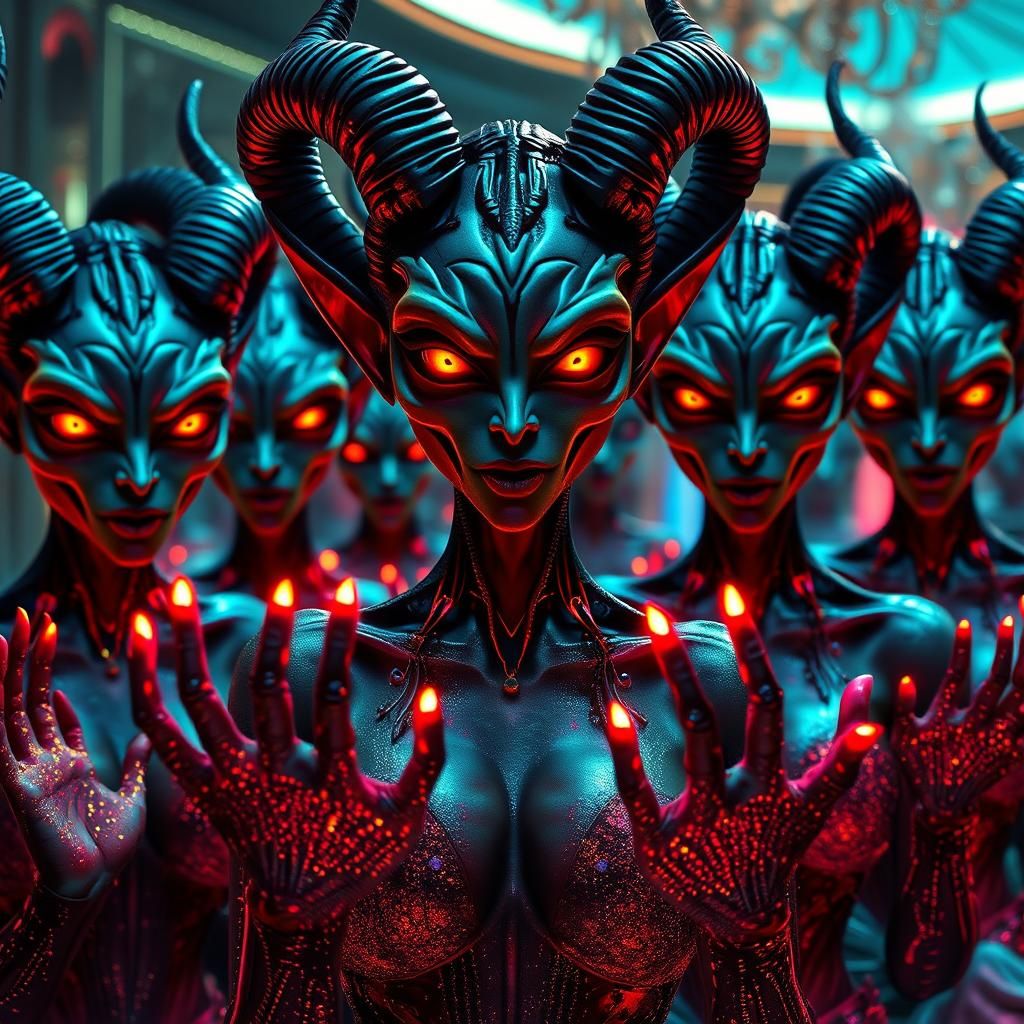 Elegant Alien Demons Beckoning in Opulent Room