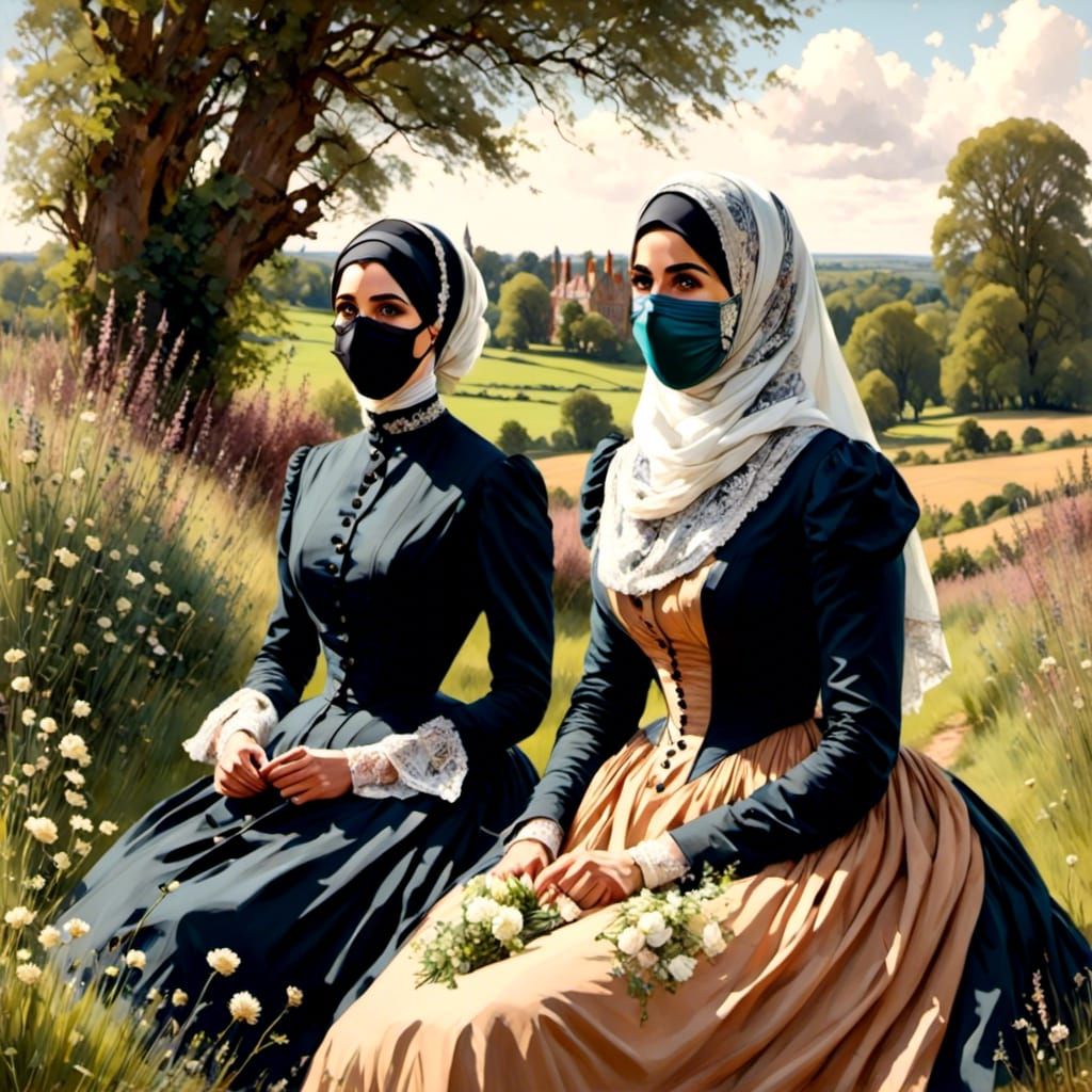 Victorian Hijabi in English Countryside Comic Illustration