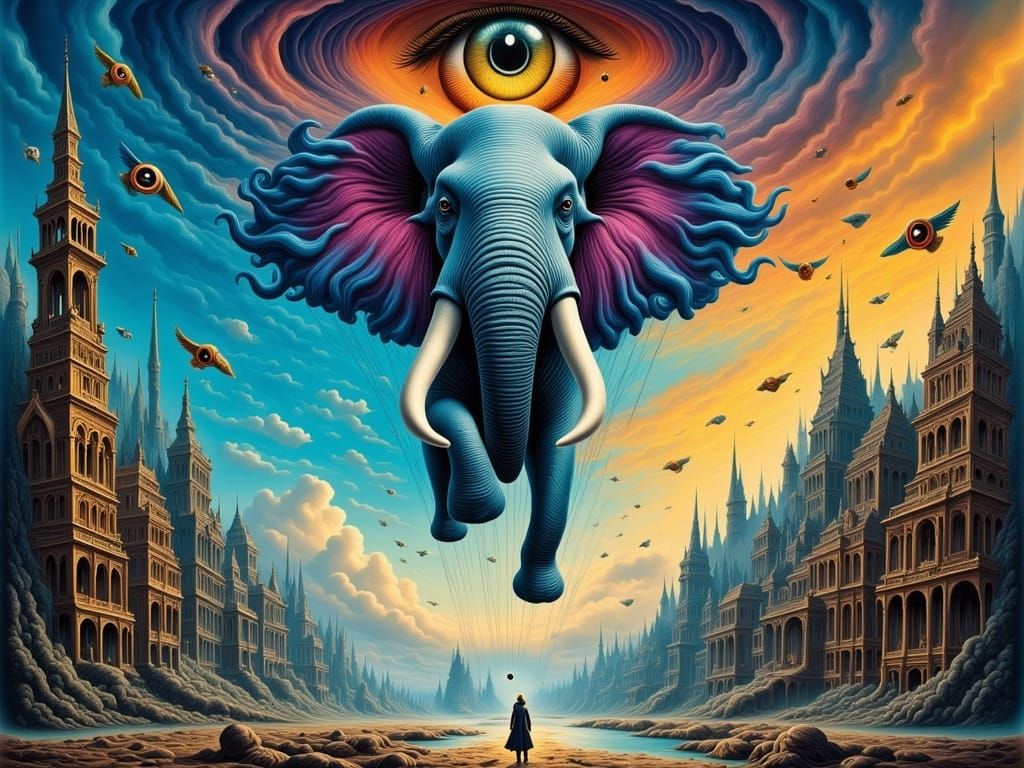 Surrealist Elephant Balloon Soars Through Timepiece Cityscap...