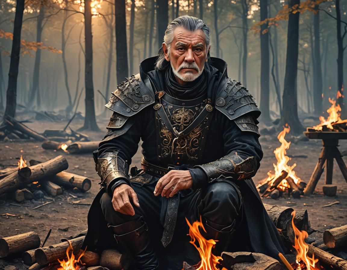 Dark Fantasy Hunter at Campfire in 3D Anime Art