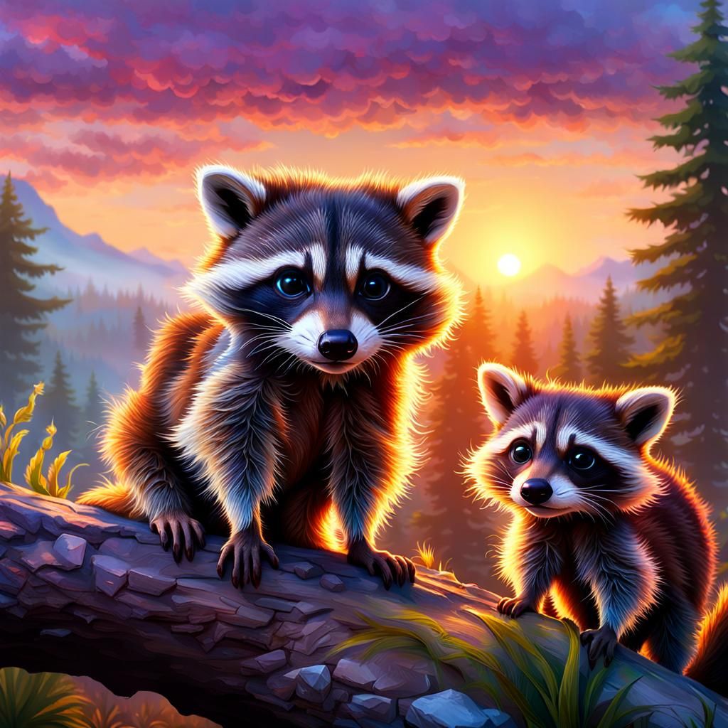 Photorealistic Raccoon Family in Colorful Sunrise