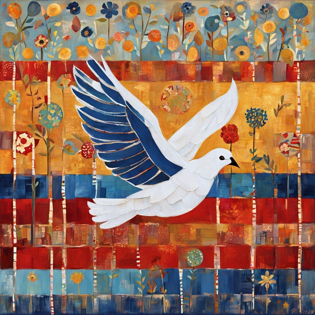 Dove in Vibrant Impasto Colors with Peaceful Flag
