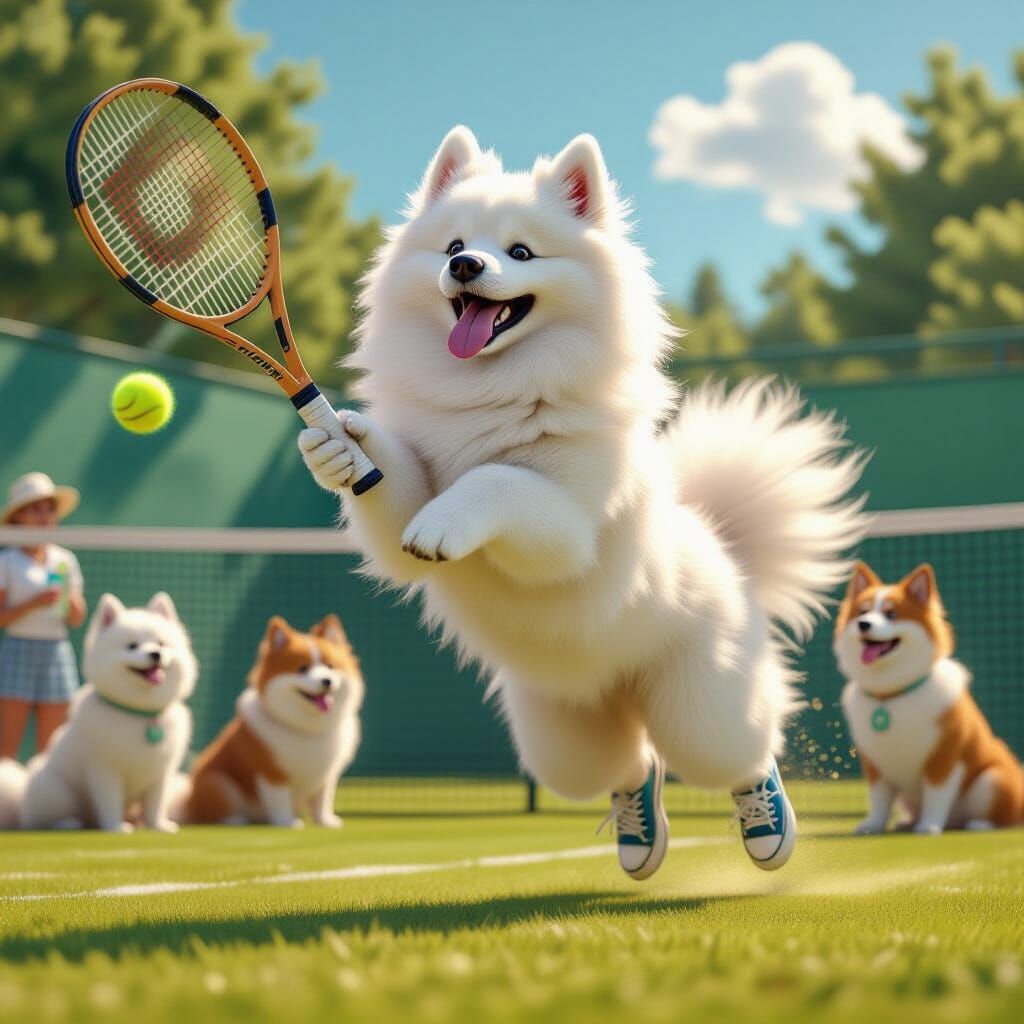 Samoyed Dog in Retro Tennis Outfit, Matte Painting