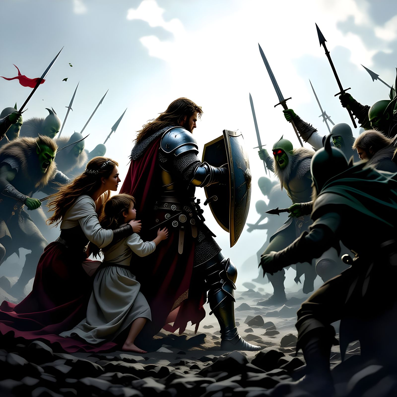 Knight Defends Family Against Monster Horde