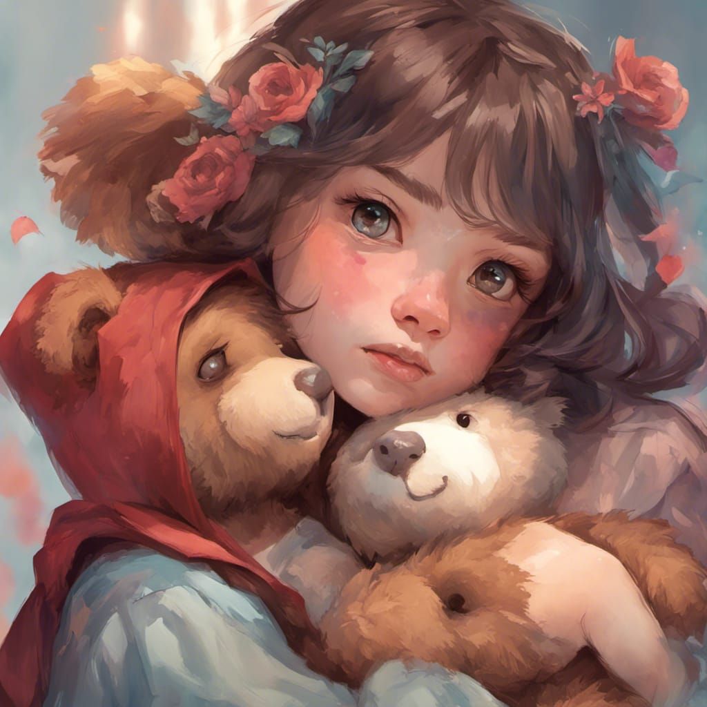 Cute Girl with Teddy Bear Portrait in Detailed Digital Art