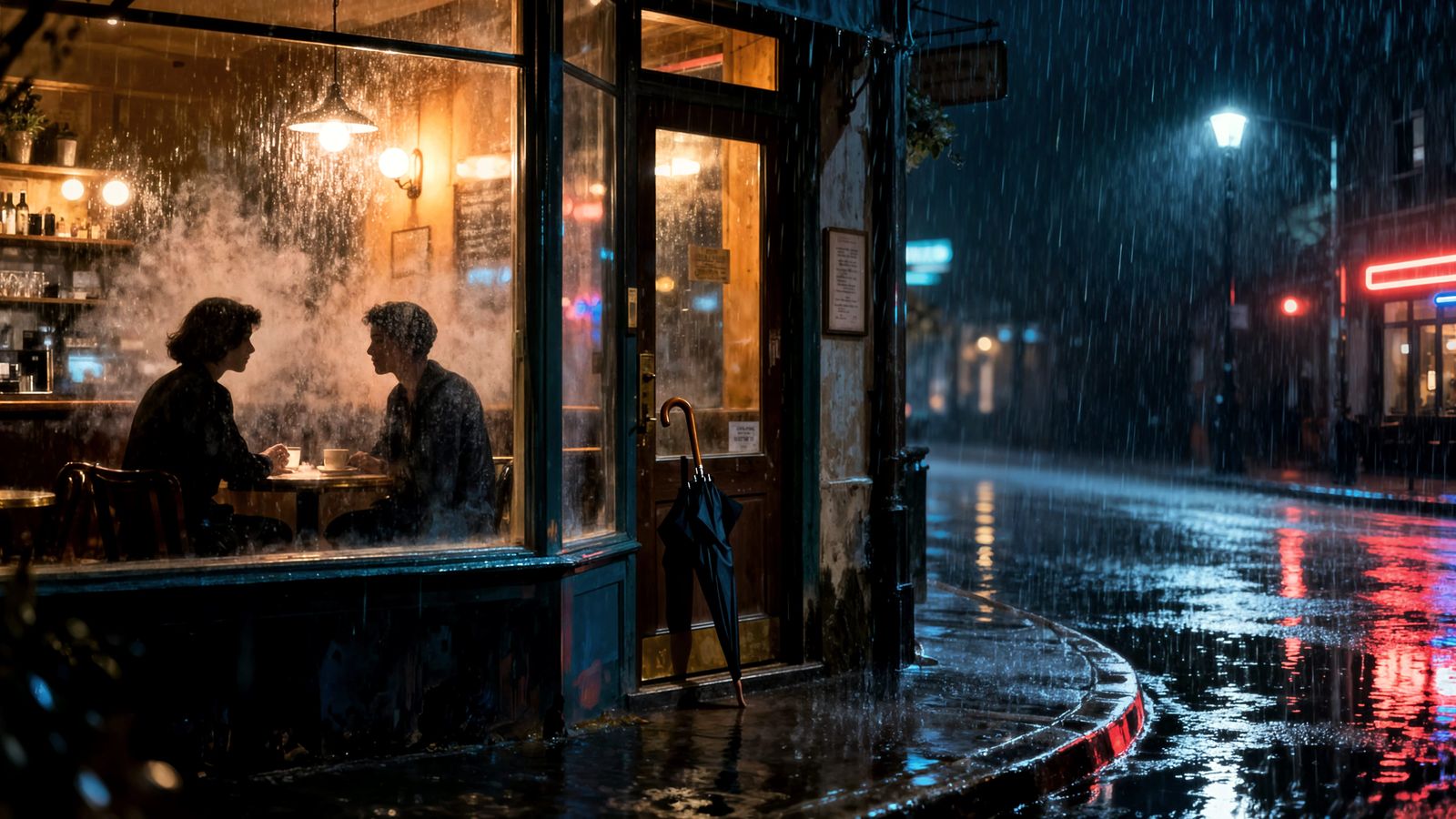 Cinematic Midnight Cafe in Rainy City