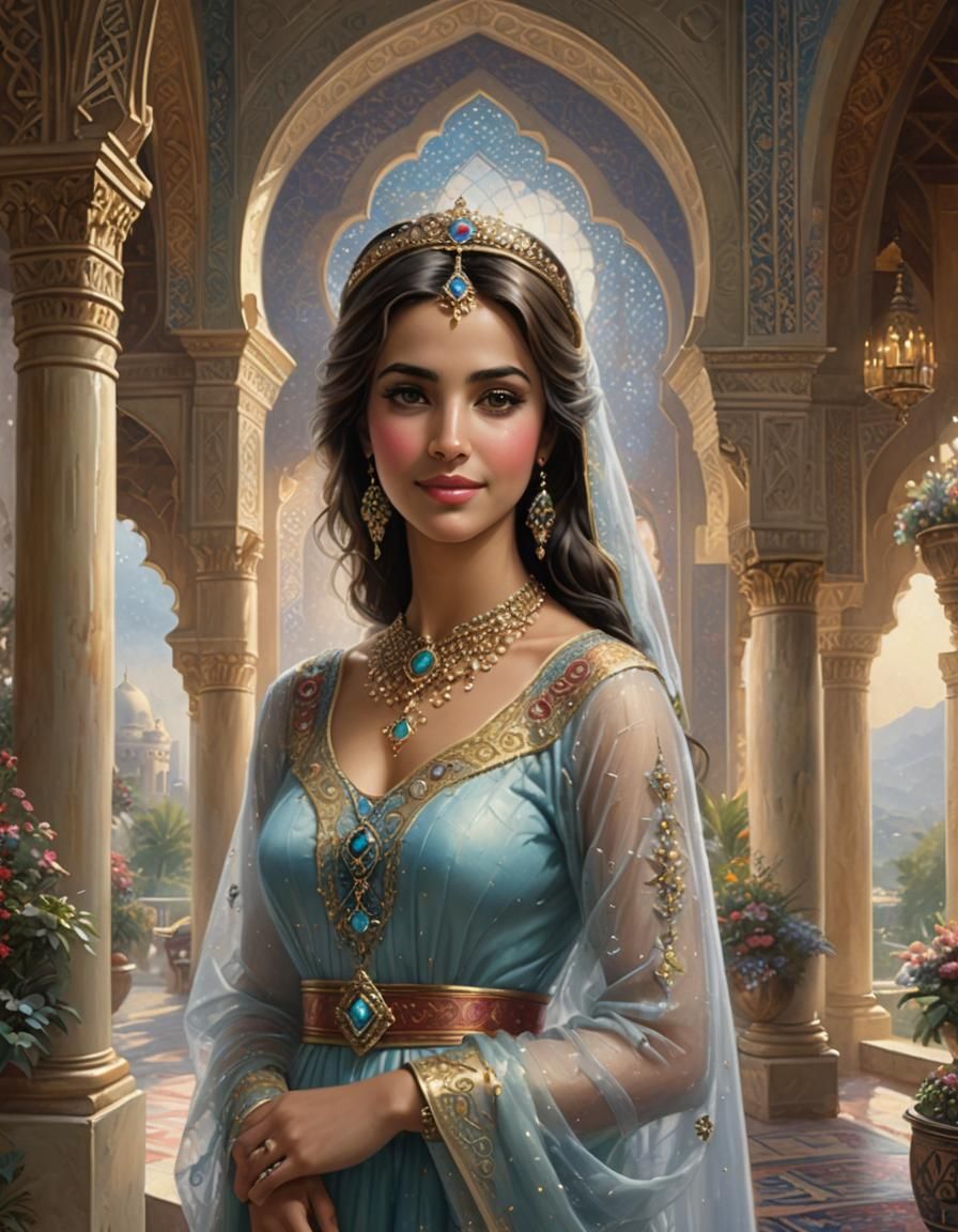 A beautiful Arab princess in a palace, Shy smile full of lov...