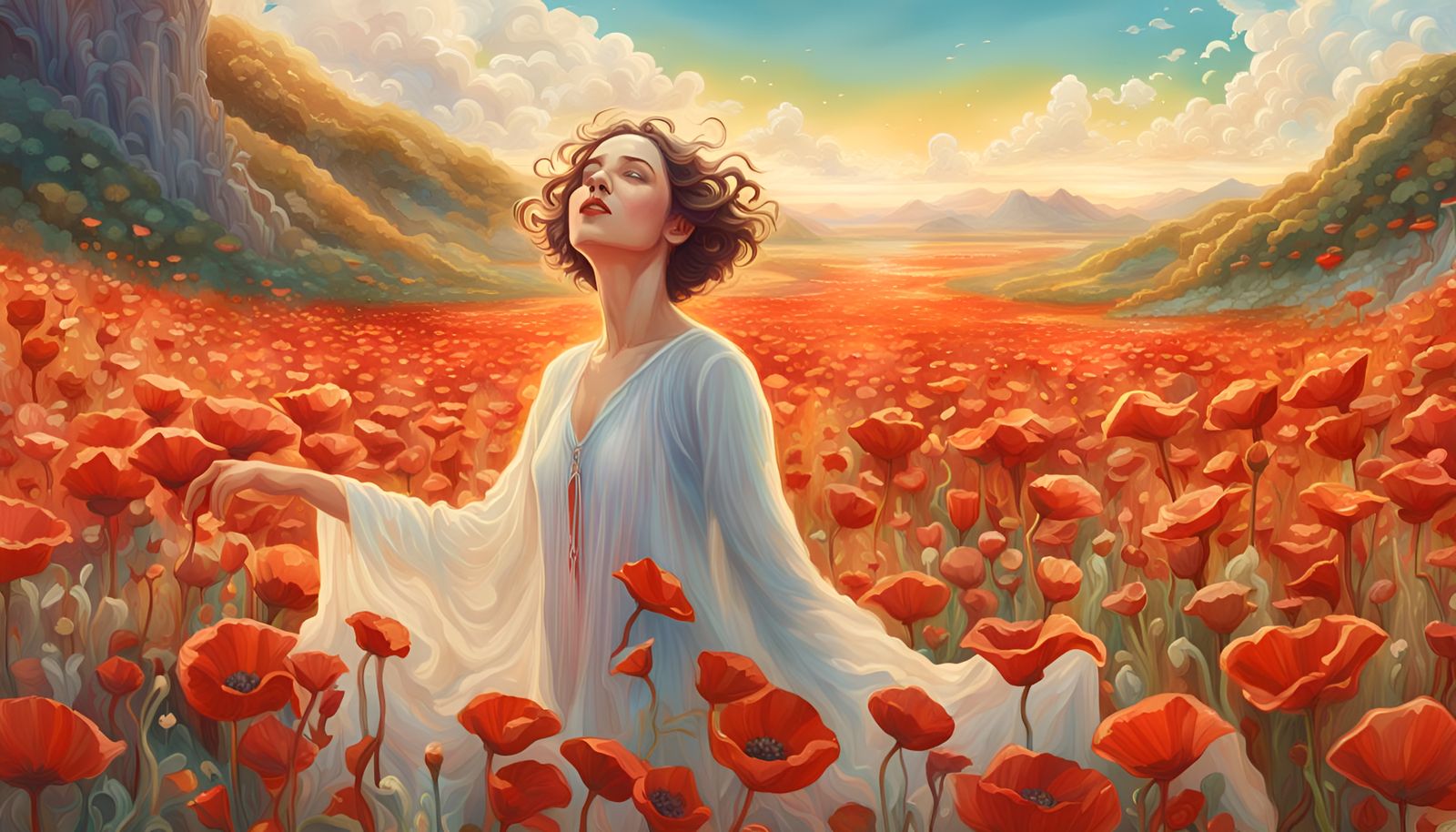 Ethereal Maggie Gyllenhaal in a Vibrant Art Nouveau Landscap...