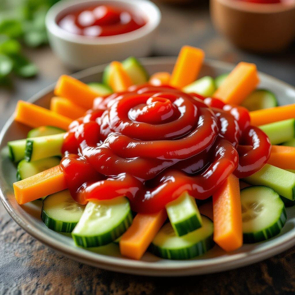 Vivid Ketchup-Covered Vegetables in Hyperrealistic Food Phot...