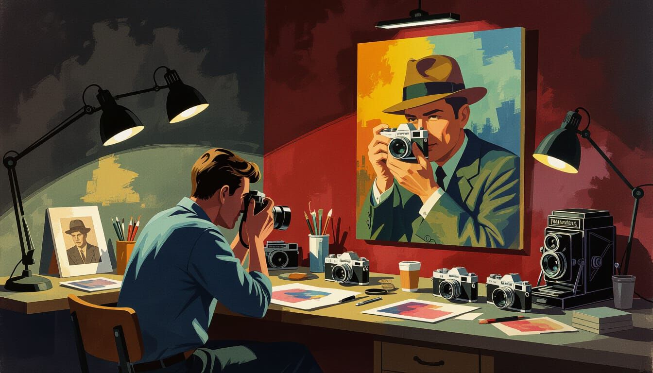 Photographer in Darkroom as Gouache Painting