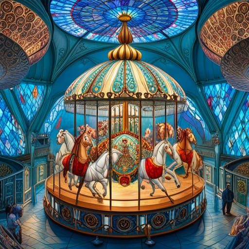 STAINED GLASS CAROUSEL WITH HORSES