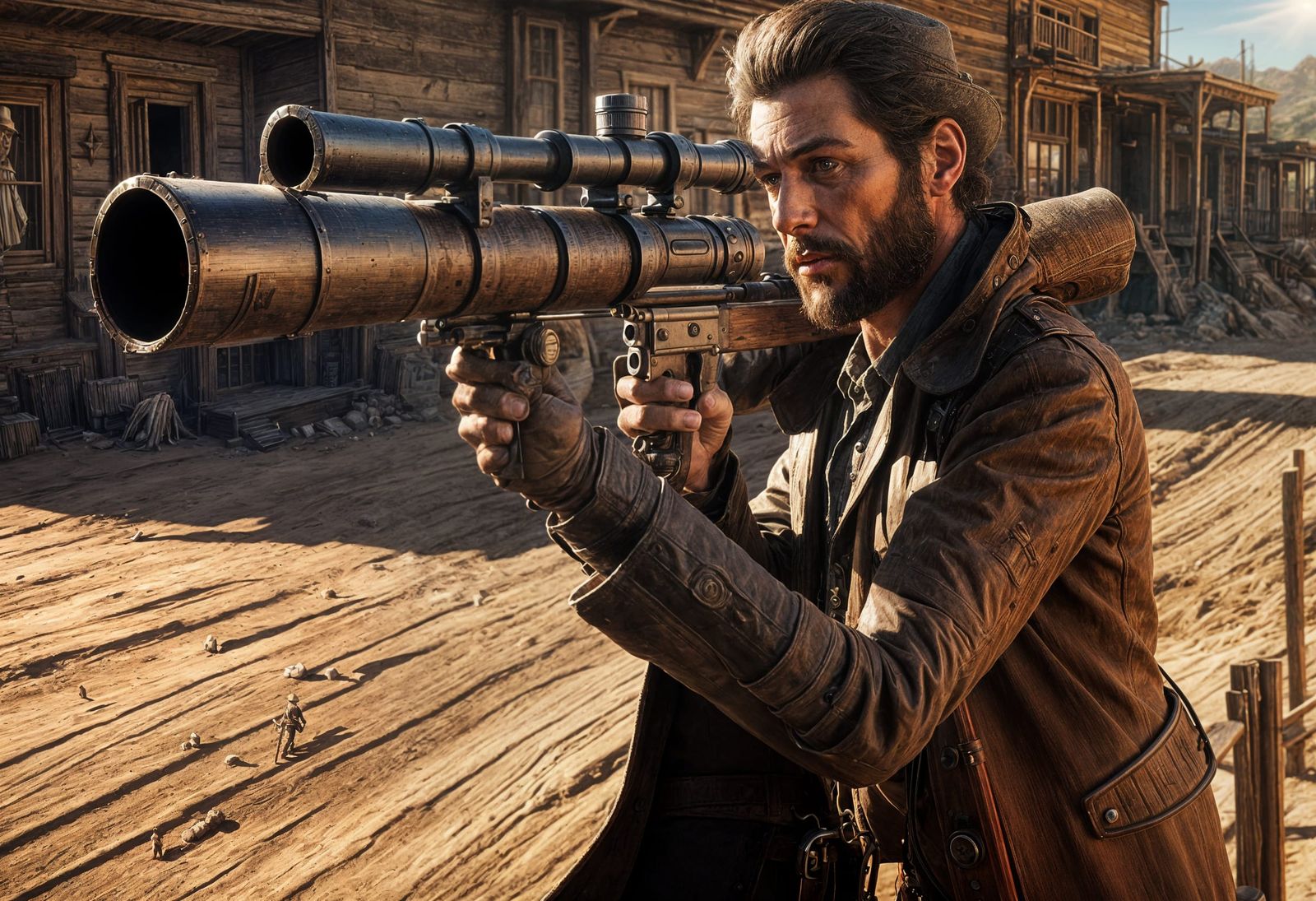 1800s cowboy aiming a military bazooka