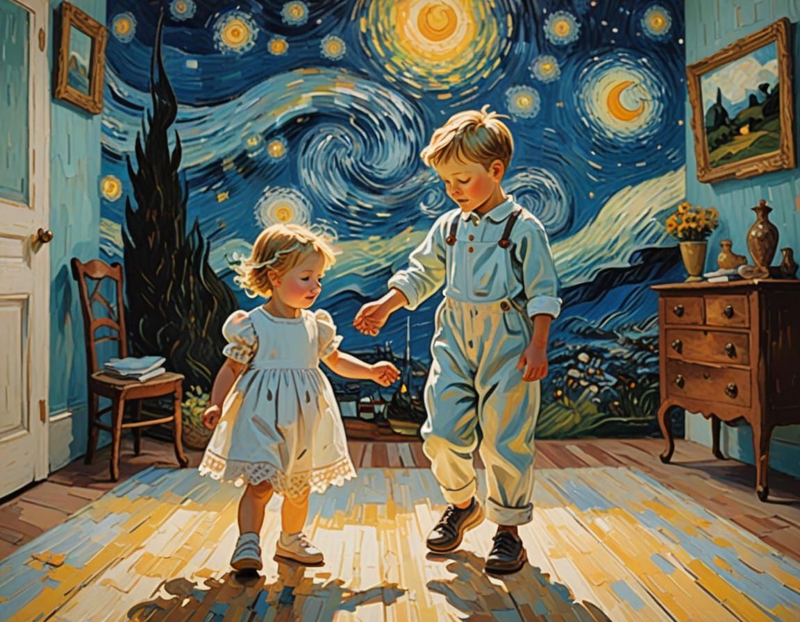 Van Gogh-Inspired Child Takes First Steps with Parent's Supp...